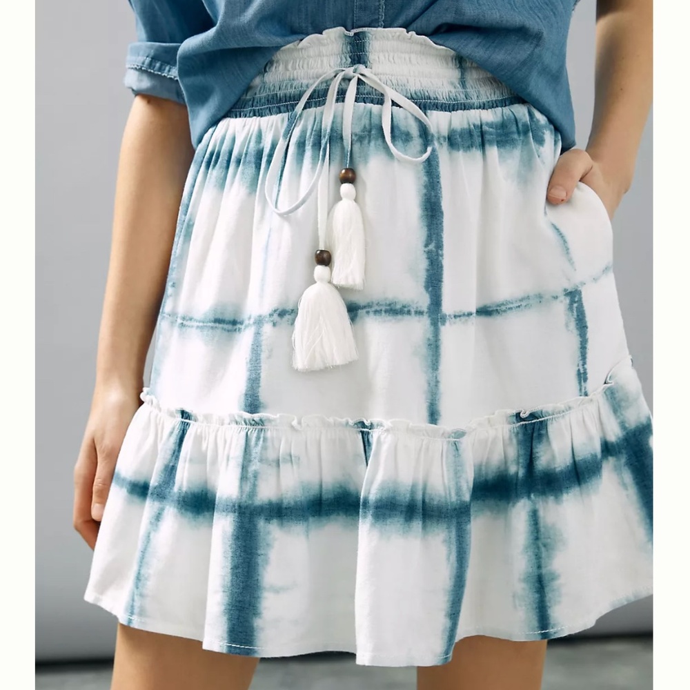 Pilcro Anthropologie Tie-Dye Linen Blend Mini Skirt Blue Motif XL Boho Beach NWT